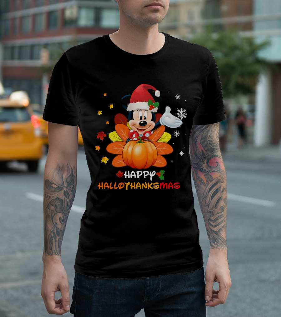 Happy Hallothankmas Minnie with Pumpkin and Santa Hat T-Shirt