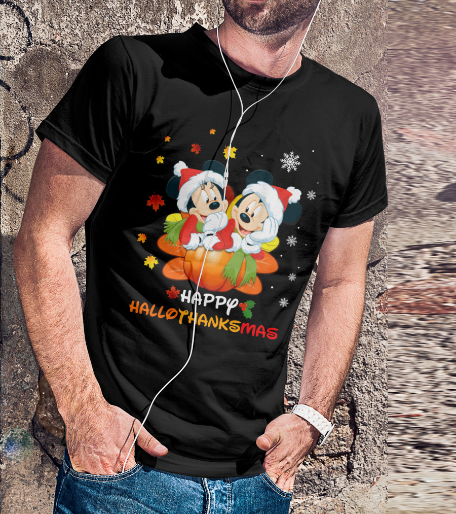 Happy Mickey And Minnie Hallothankmas Snowflakes Pumpkins Leaves T-Shirt