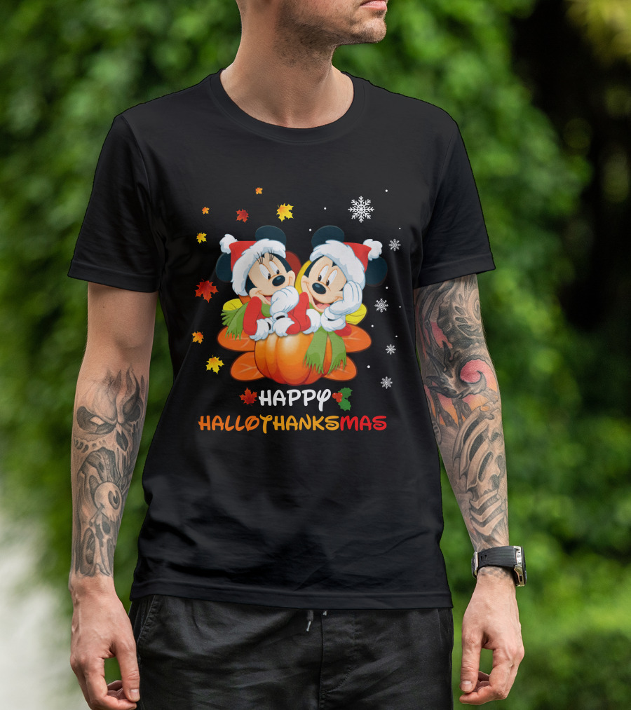 Happy Mickey And Minnie Hallothankmas Snowflakes Pumpkins Leaves T-Shirt