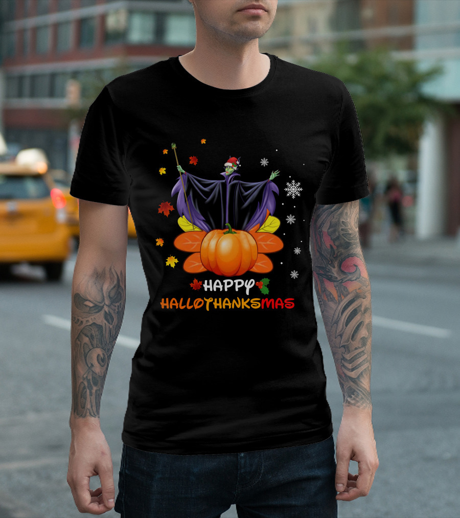 Happy Hallothankmas Maleficent Pumpkin Snowflakes Leaves Santa Hat T-Shirt