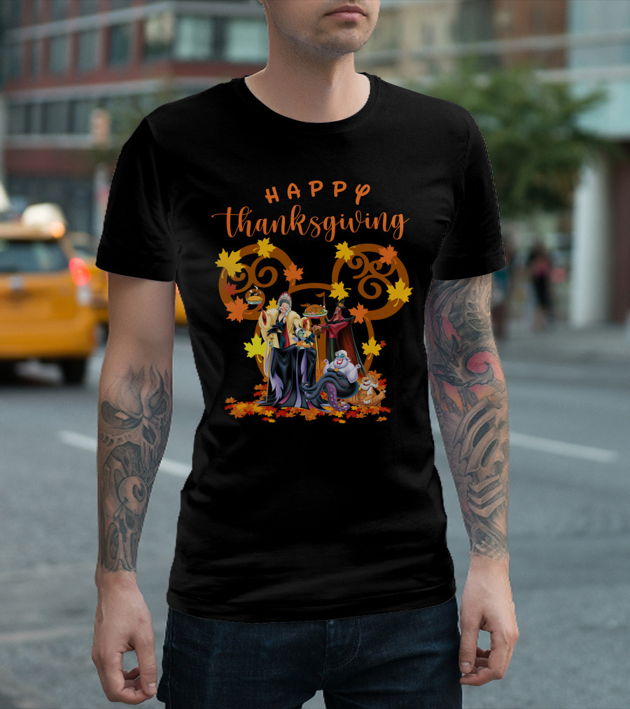 Happy Thanksgiving Disney Villains with Mickey Mouse Leaf Background T-Shirt
