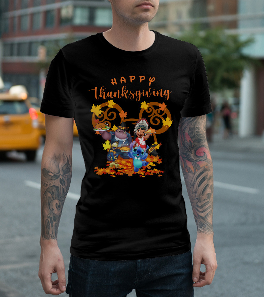 Lilo and Stitch Happy Thanksgiving with Characters and Autumn Leaves T-Shirt