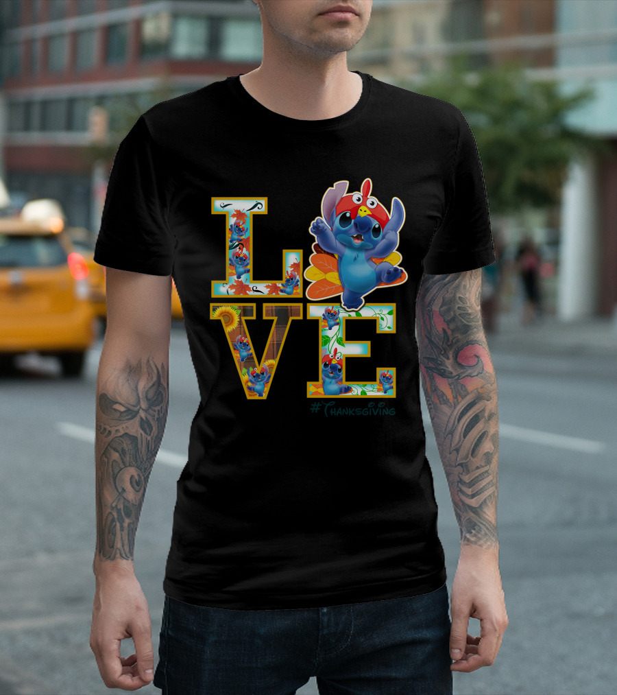 LOVE Stitch Happy Thanksgiving Turkey Costume Autumn Leaves T-Shirt