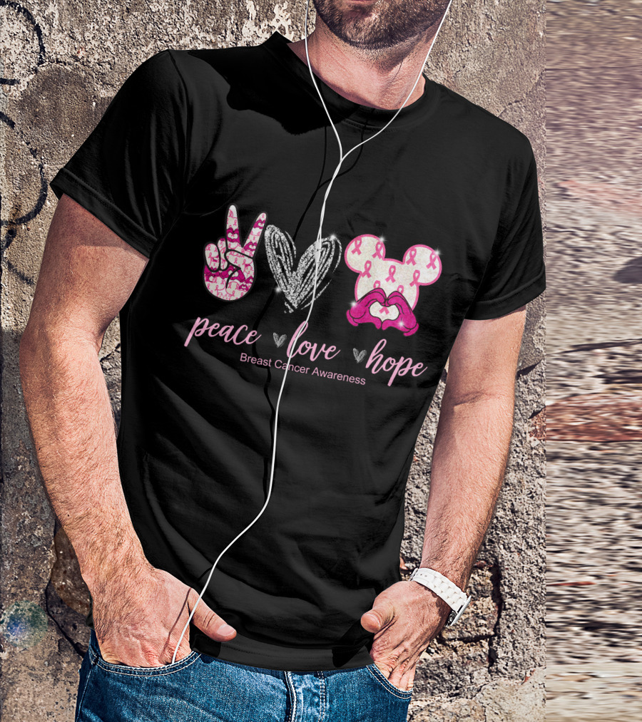 Peace Love Hope Breast Cancer Awareness Pink Ribbon Mickey T-Shirt