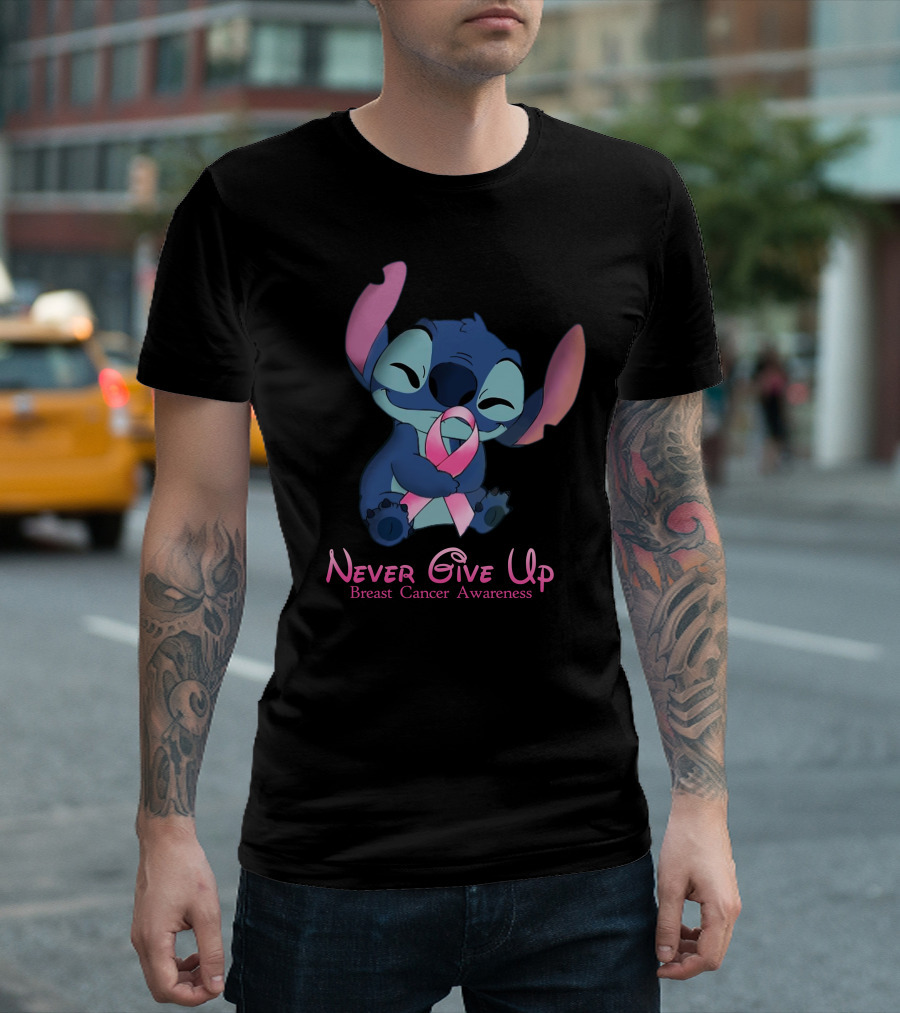 Never Give Up Breast Cancer Awareness Stitch Embrace T-Shirt