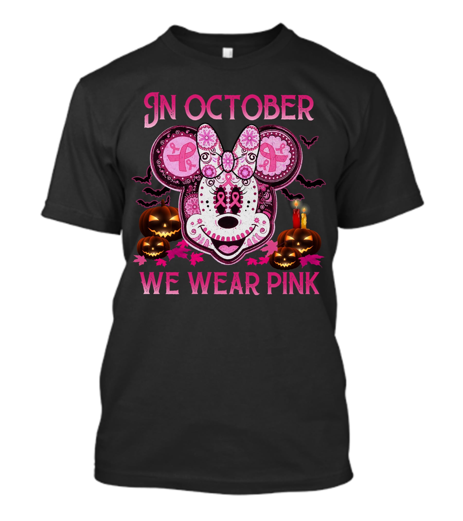 In October We Wear Pink Minnie Mouse Breast Cancer Awareness Halloween T-Shirt