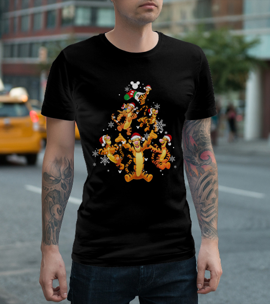 Tigger Christmas Tree Snowflakes Santa Hats Disney Mickey Icons T-Shirt