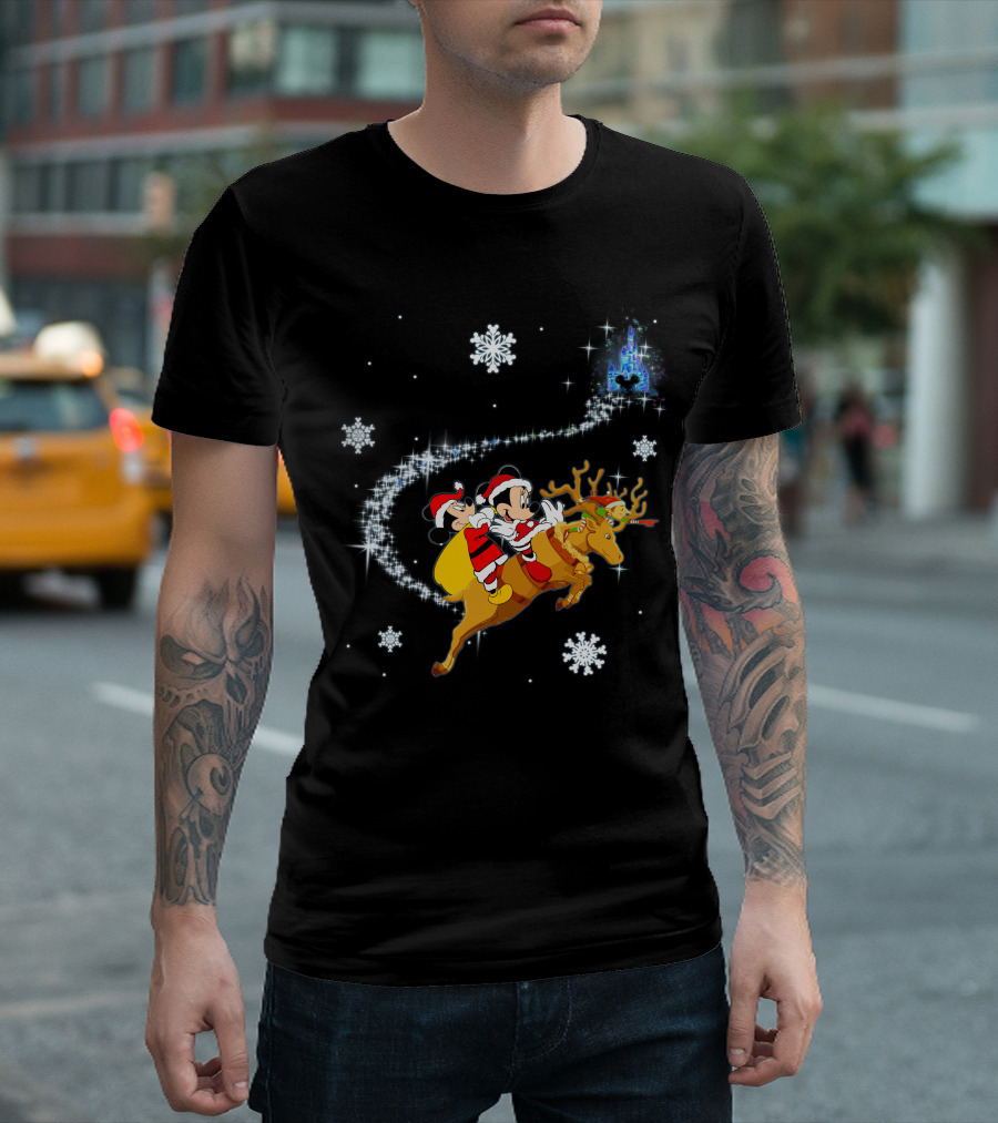 MK Deer Christmas Mickey and Minnie Santa Reindeer Snowflakes Disney Castle T-Shirt