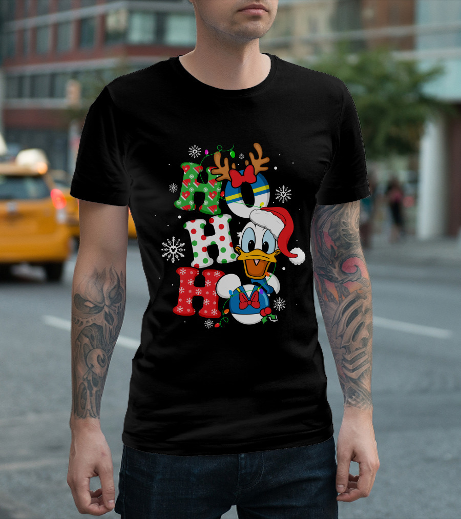 Donald Duck Ho Ho Ho Christmas Snowflakes Reindeer Antlers Santa Hat T-Shirt