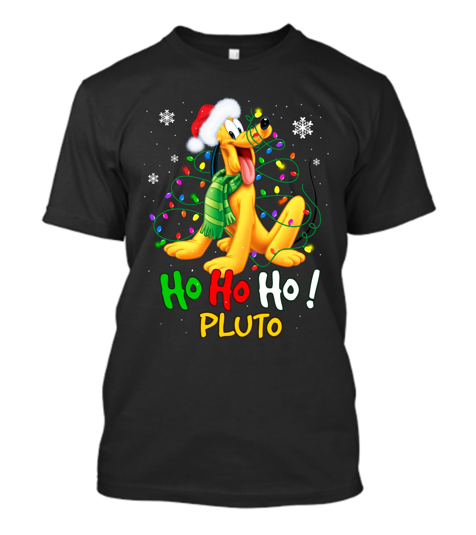 Ho Ho Ho Pluto Christmas Lights Santa Hat Snowflakes Scarf T-Shirt