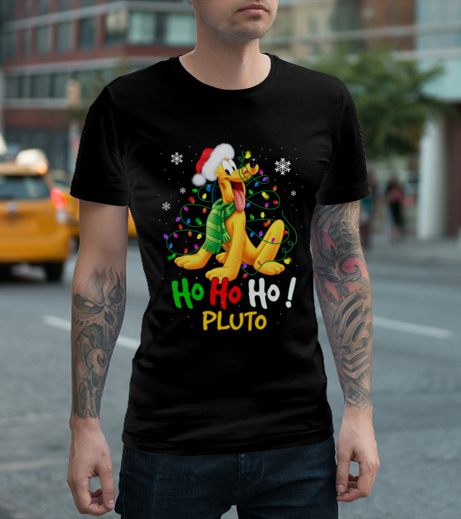 Ho Ho Ho Pluto Christmas Lights Santa Hat Snowflakes Scarf T-Shirt