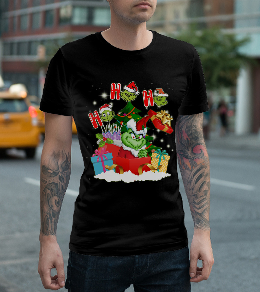 Grinch Christmas Ho Ho Ho Presents Tree Gifts Holiday Scene T-Shirt