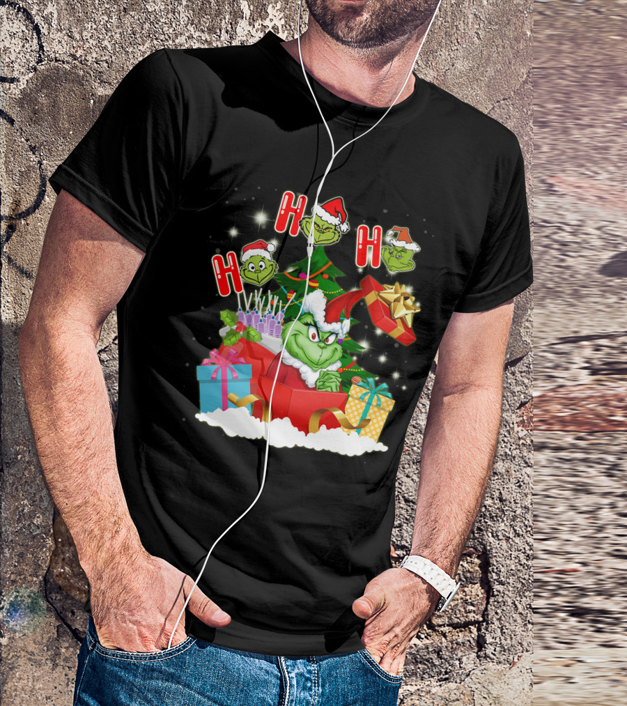 Grinch Christmas Ho Ho Ho Presents Tree Gifts Holiday Scene T-Shirt