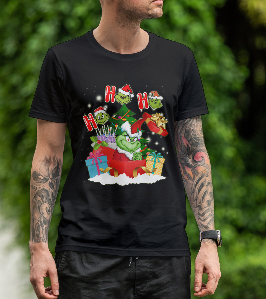 Grinch Christmas Ho Ho Ho Presents Tree Gifts Holiday Scene T-Shirt