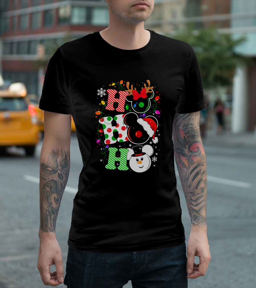 HHH Christmas Ho Ho Ho Disney Snowman Reindeer Ears Santa Hat Lights Bow T-Shirt