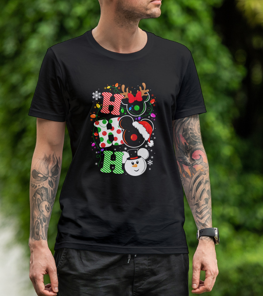 HHH Christmas Ho Ho Ho Disney Snowman Reindeer Ears Santa Hat Lights Bow T-Shirt