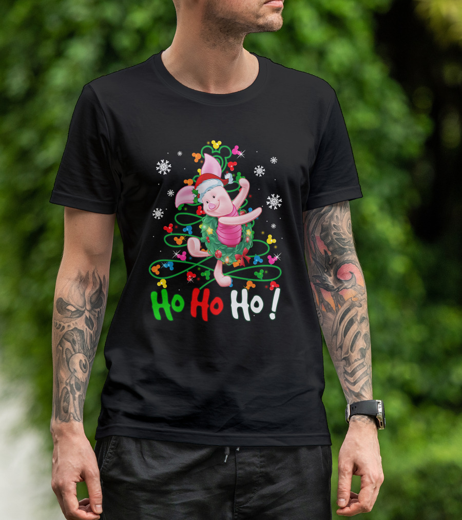 Ho Ho Ho Piglet Christmas Festive Wreath And Santa Hat T-Shirt