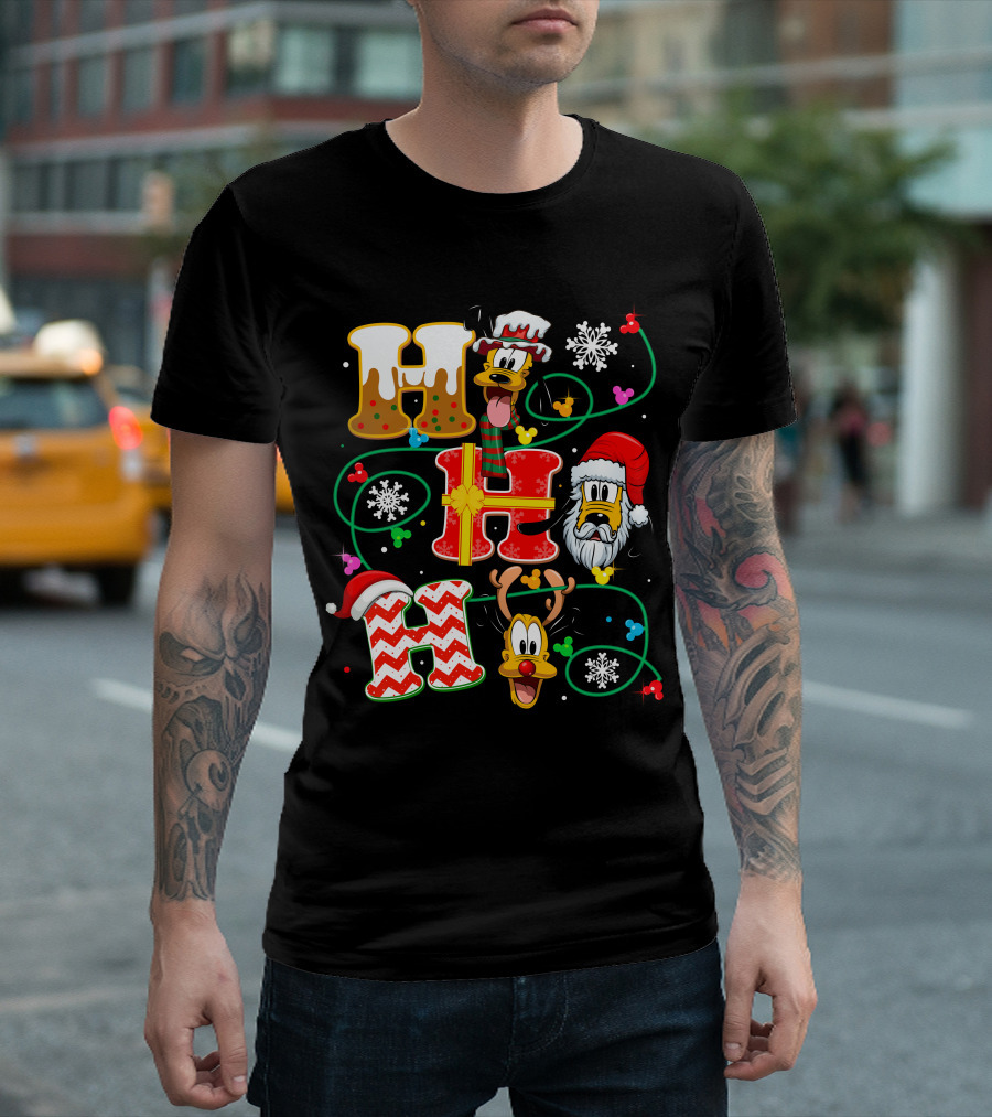 PLU HHH Christmas Goofy Dog with Santa Hats and Snowflakes T-Shirt