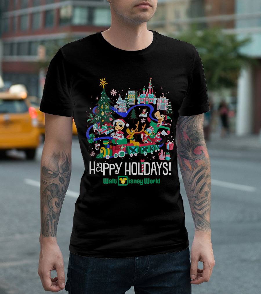 Walt Disney World Happy Holidays Christmas Mickey and Friends Festive Scene T-Shirt