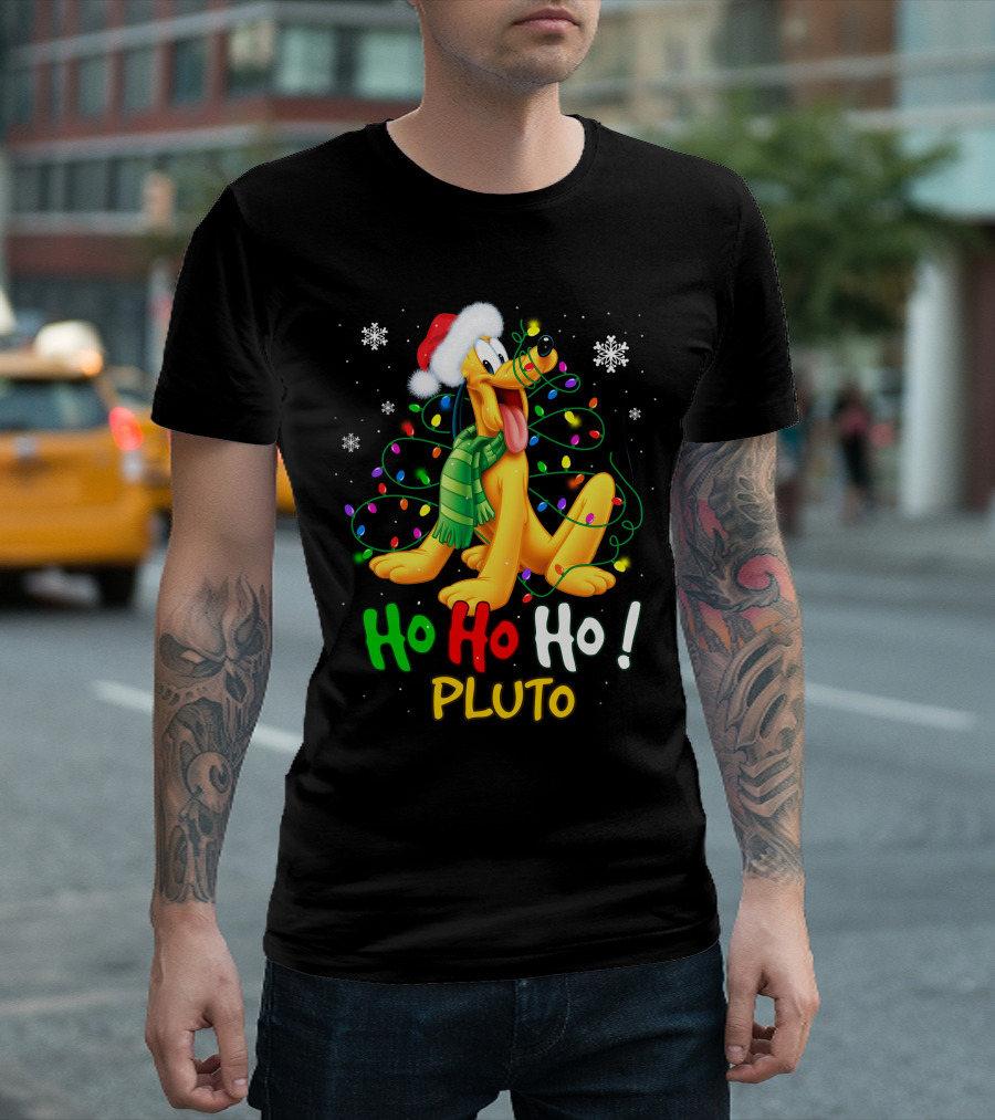 Pluto Ho Ho Ho Christmas Lights Santa Hat T-Shirt