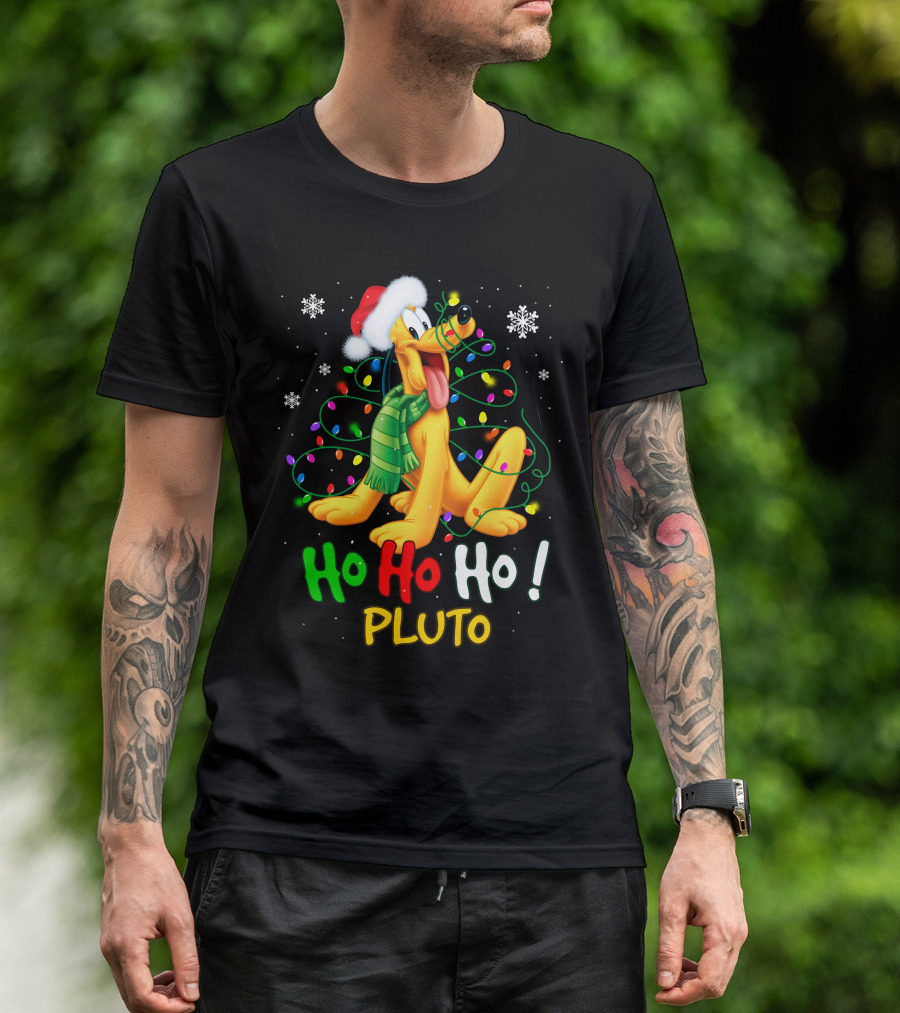 Pluto Ho Ho Ho Christmas Lights Santa Hat T-Shirt