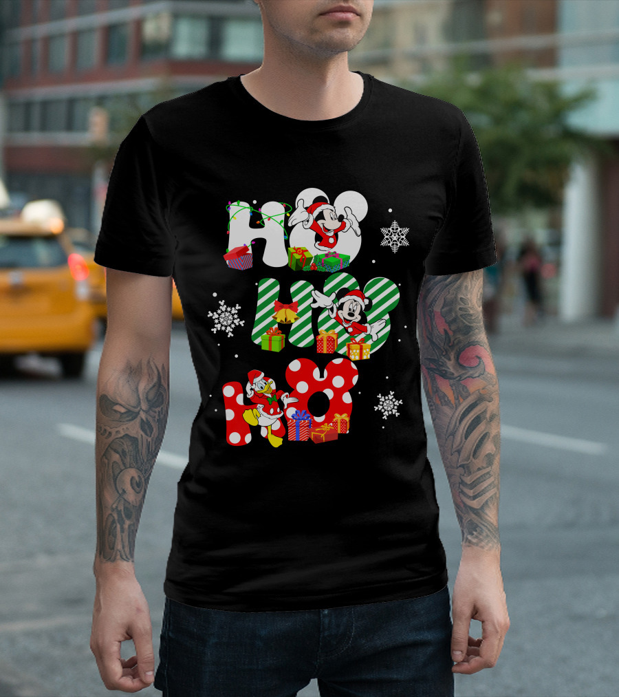 Mickey Mouse and Donald Duck Ho Ho Ho Christmas Snowflakes and Presents T-Shirt