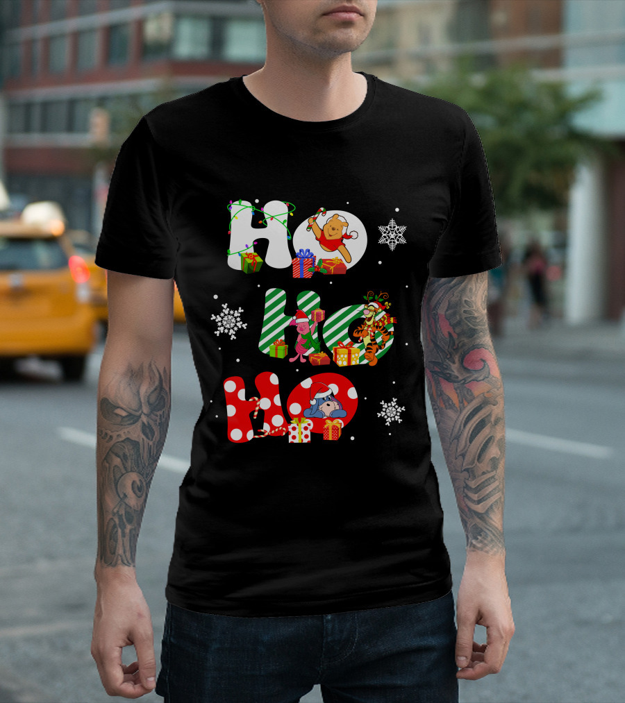 Ho Ho Ho Christmas Winnie the Pooh with Piglet Tigger Eeyore Holiday Snowflakes and Gifts T-Shirt