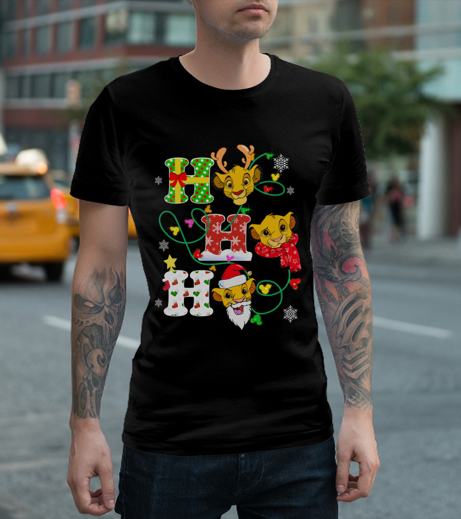 Simba Hohoho Christmas Holiday Festive Lion King Image with Santa Hat Reindeer Antlers Scarf Snowflakes T-Shirt