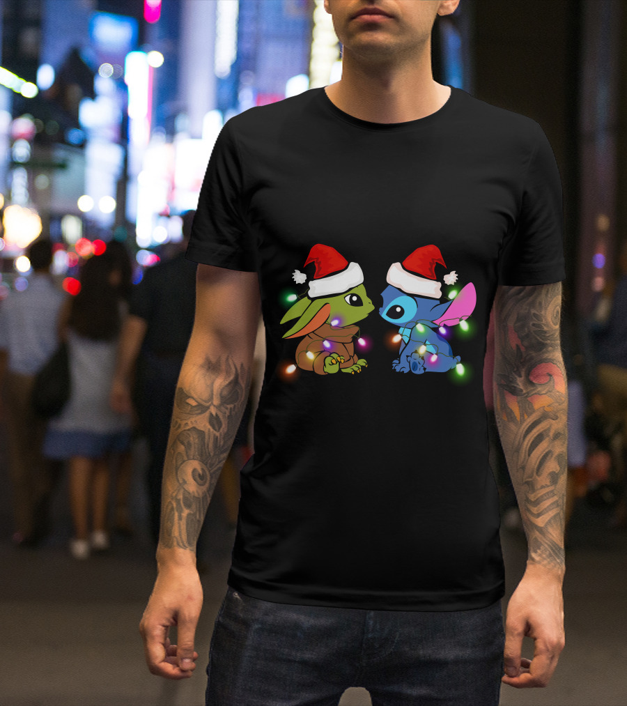 Baby Yoda And Stitch Christmas Lights Santa Hats T-Shirt
