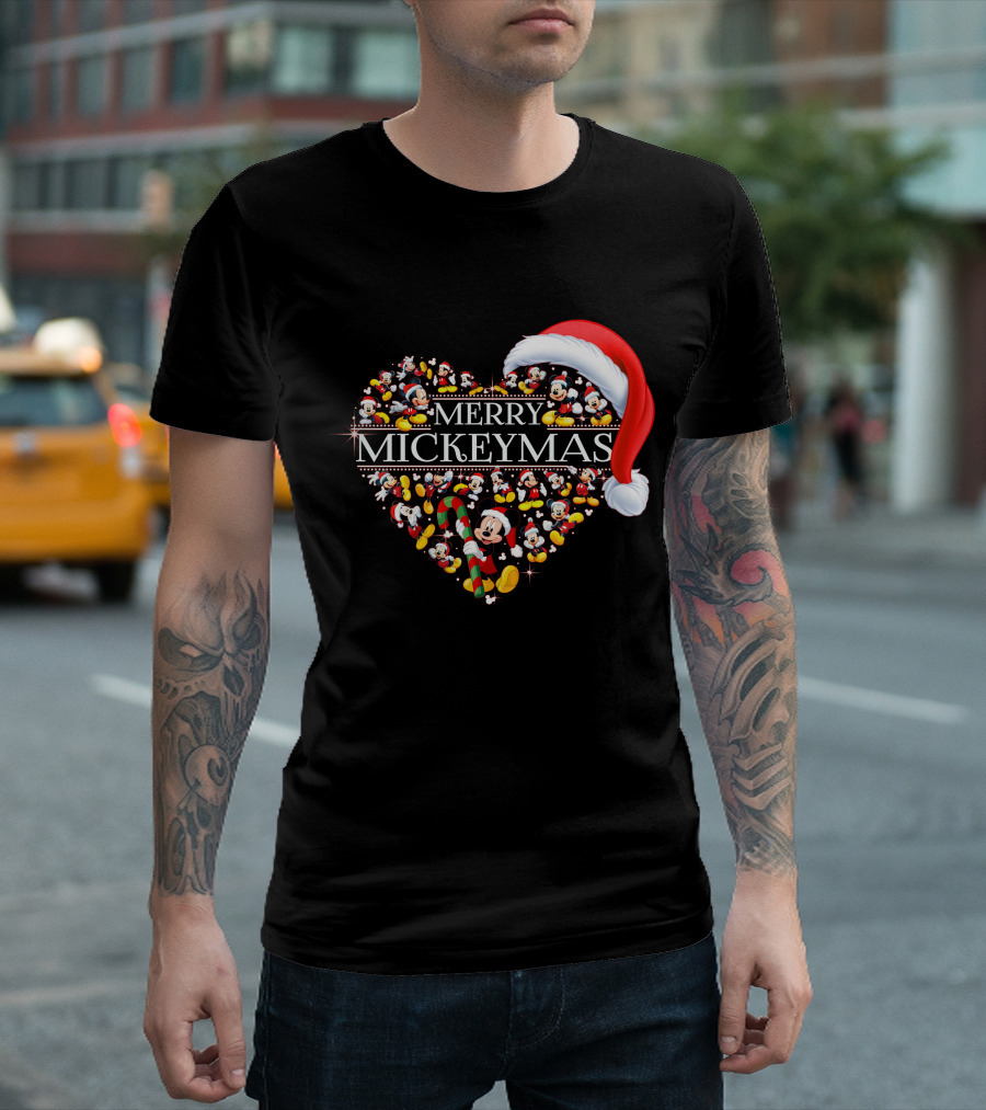 Merry Mickeymas Christmas Heart with Santa Hat and Mickey Characters T-Shirt