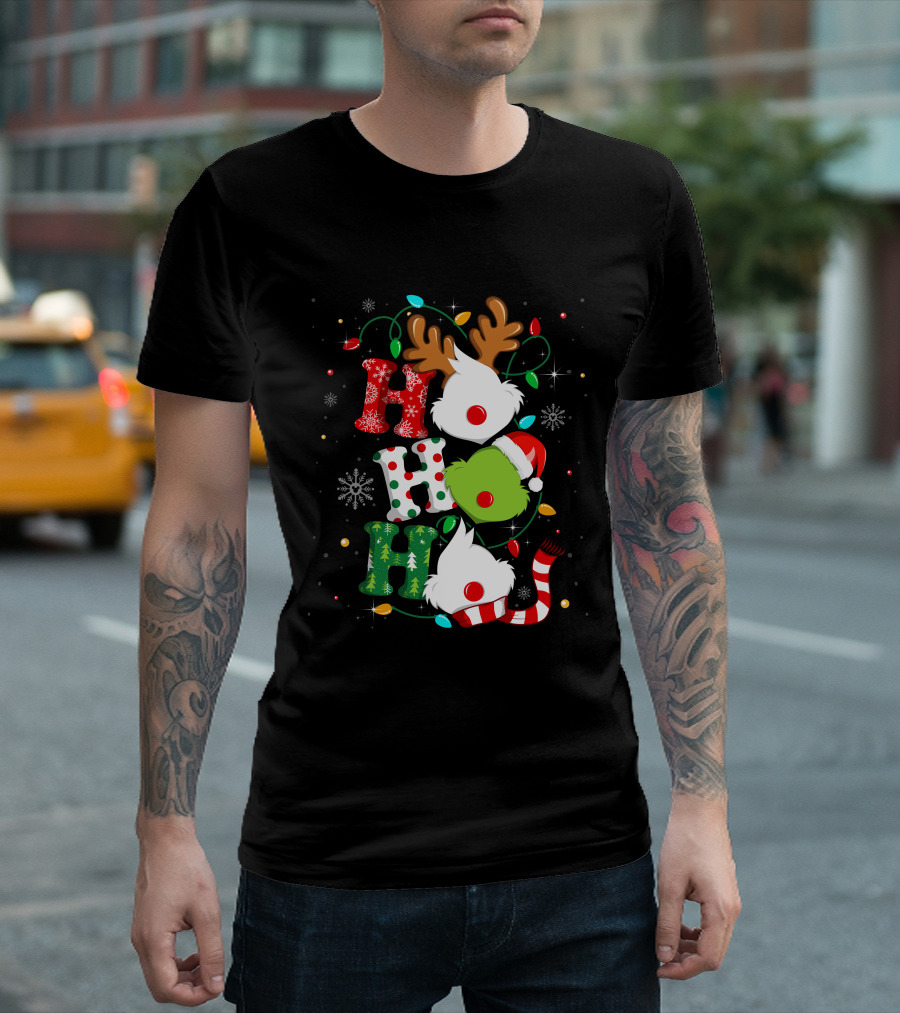 Grinch Ho Ho Ho Christmas Lights Reindeer Santa Hat Snowflakes T-Shirt