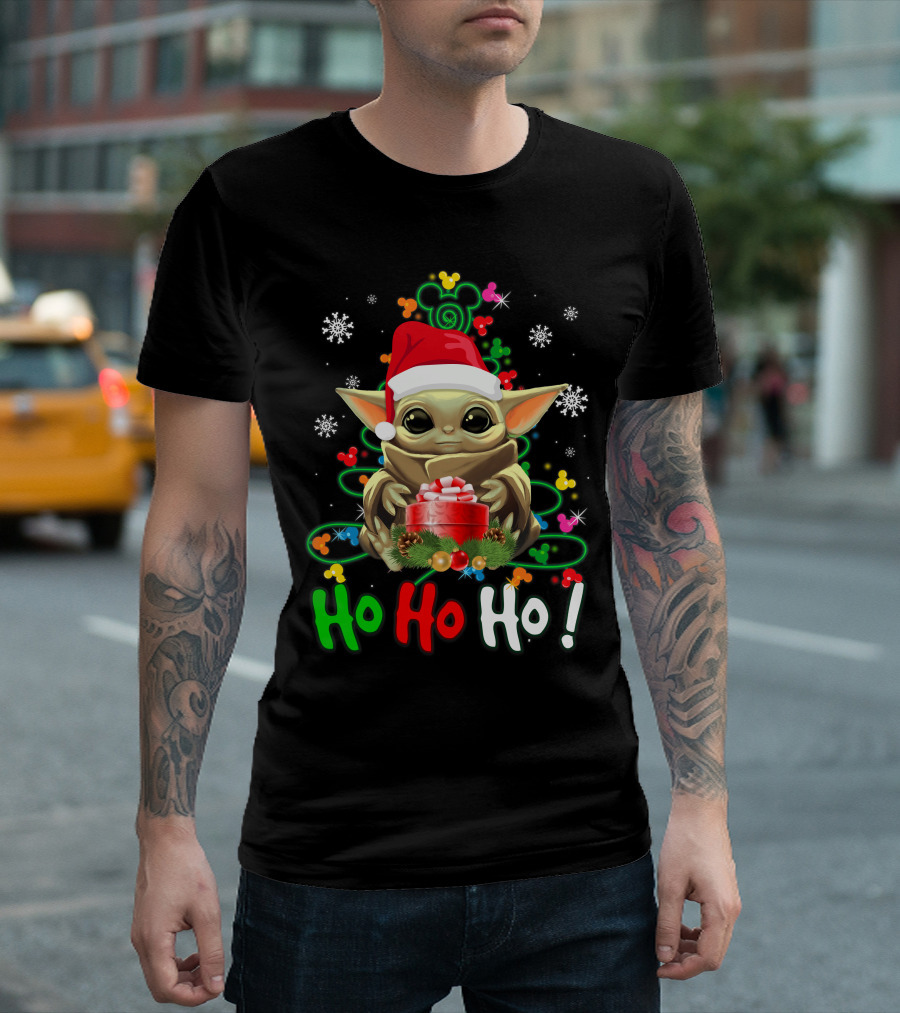 Ho Ho Ho Baby Yoda Christmas Santa Hat Gift Snowflakes T-Shirt