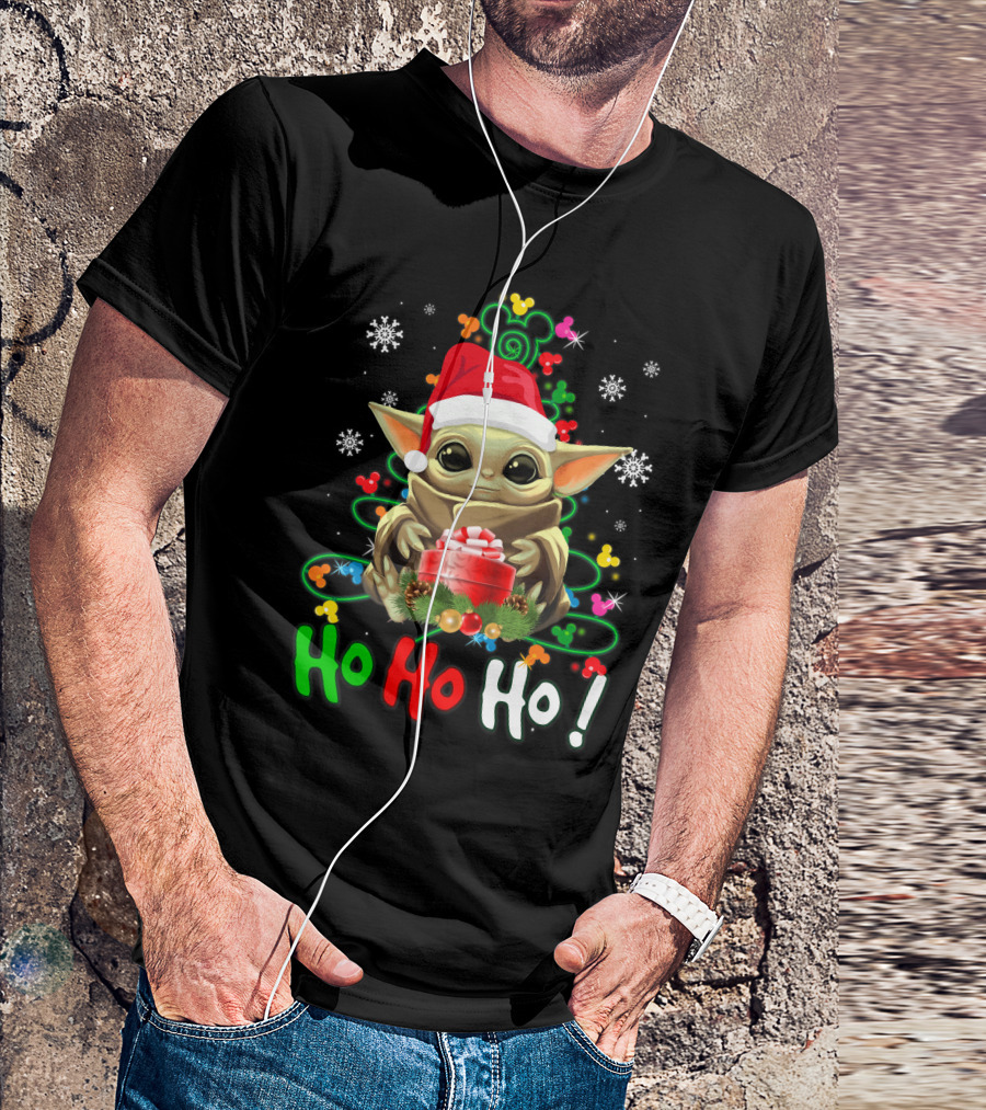 Ho Ho Ho Baby Yoda Christmas Santa Hat Gift Snowflakes T-Shirt