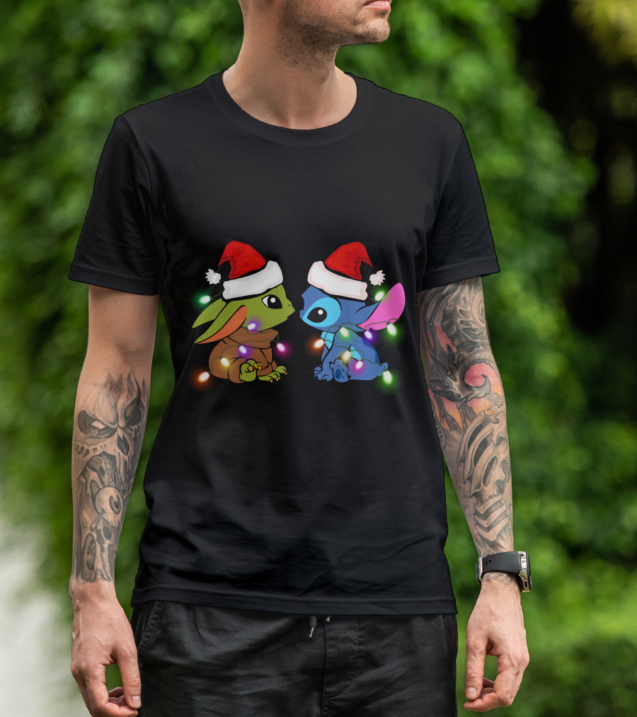 Santa Hat Baby Yoda And Stitch Christmas Lights T-Shirt