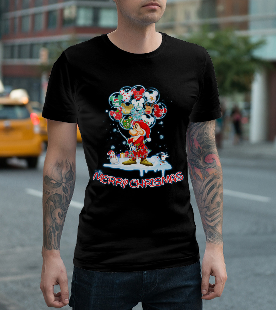Grumpy Character With Festive Balloons Merry Christmas T-Shirt
