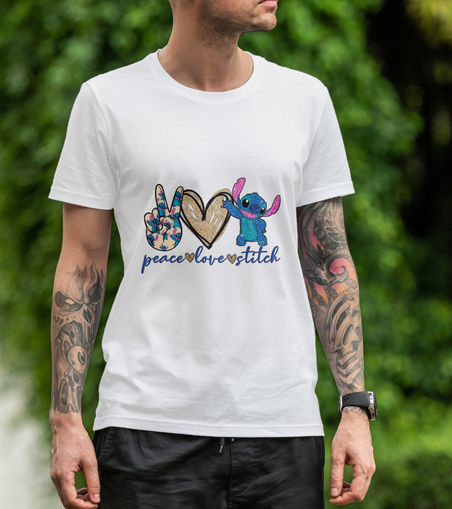 Peace Love Stitch Alien Character With Peace And Heart Symbols T-Shirt