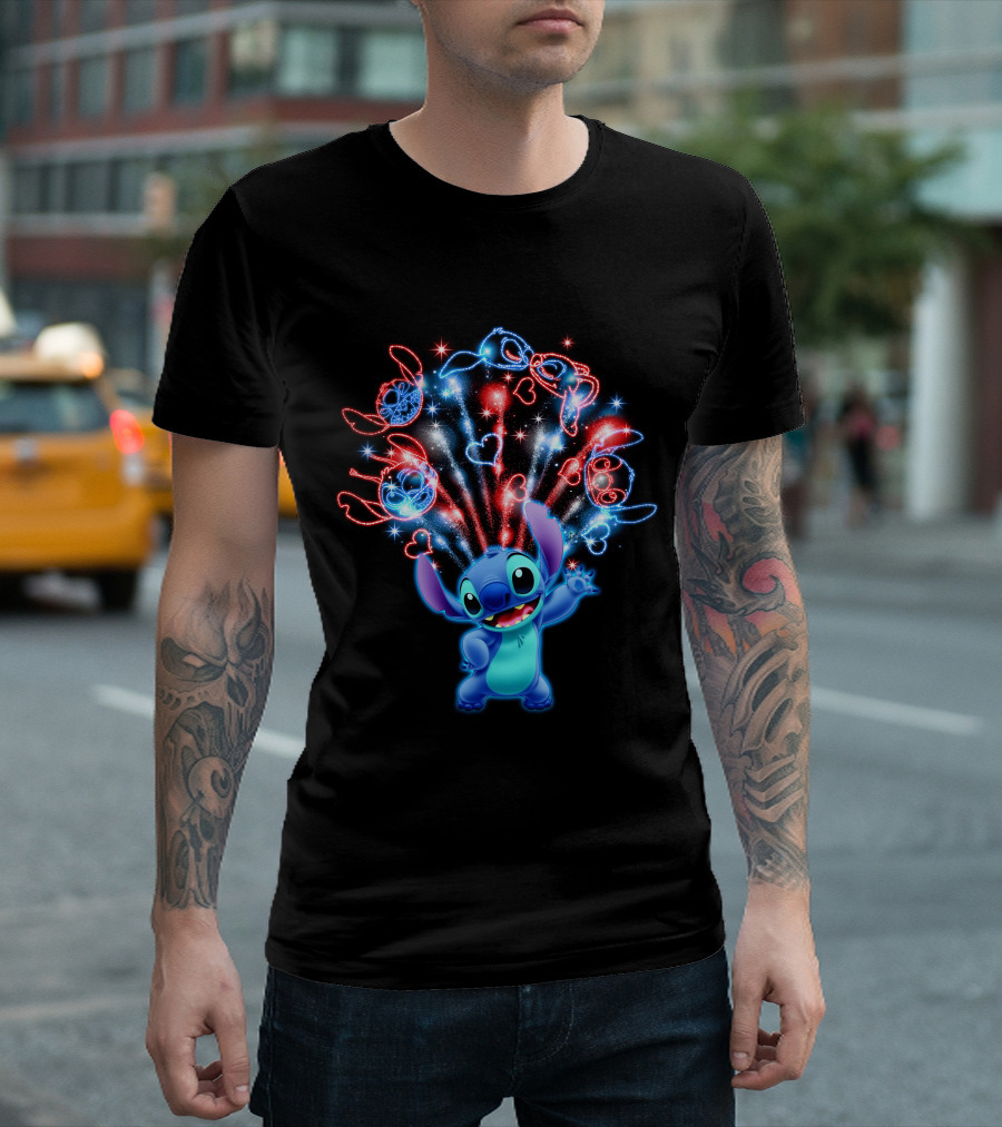 Stitch Magic Fireworks Burst Hearts and Glasses T-Shirt