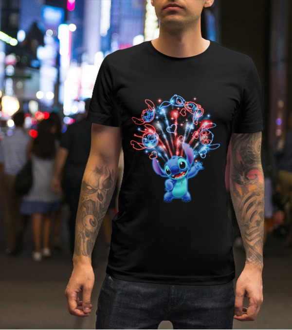 Stitch Magic Fireworks Burst Hearts And Glasses T-Shirt