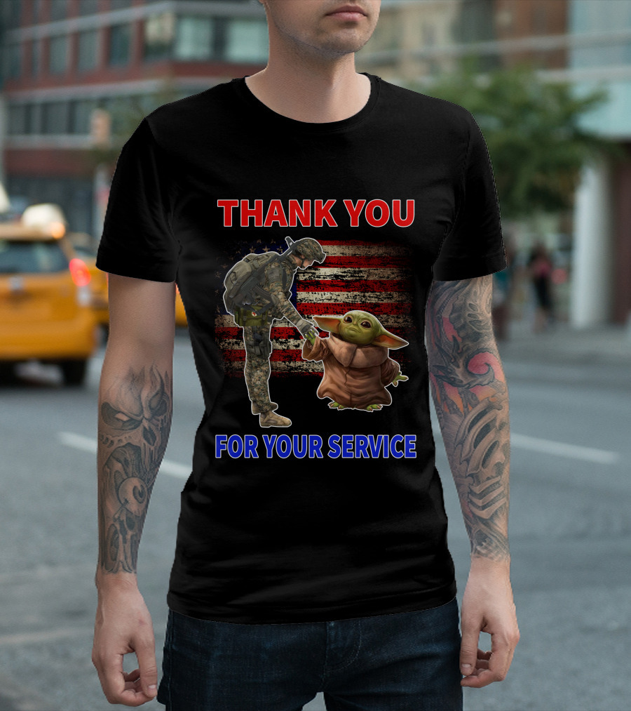 THANK YOU FOR YOUR SERVICE BABY YODA AMERICAN FLAG SOLDIER HANDSHAKE T-Shirt