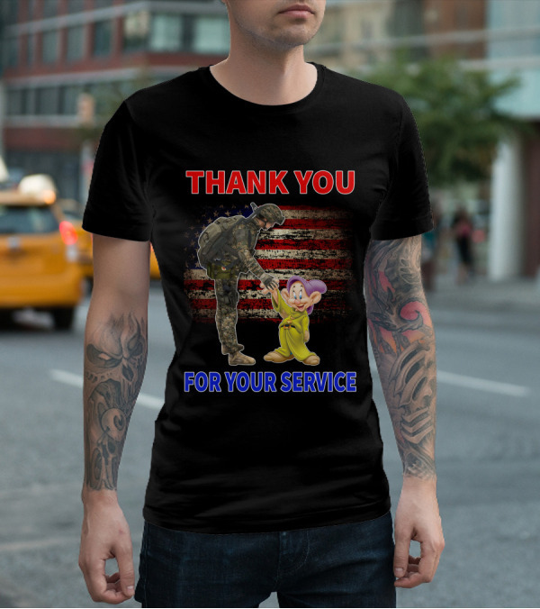 Thank You For Your Service With Soldier And Dopey American Flag Background T-Shirt