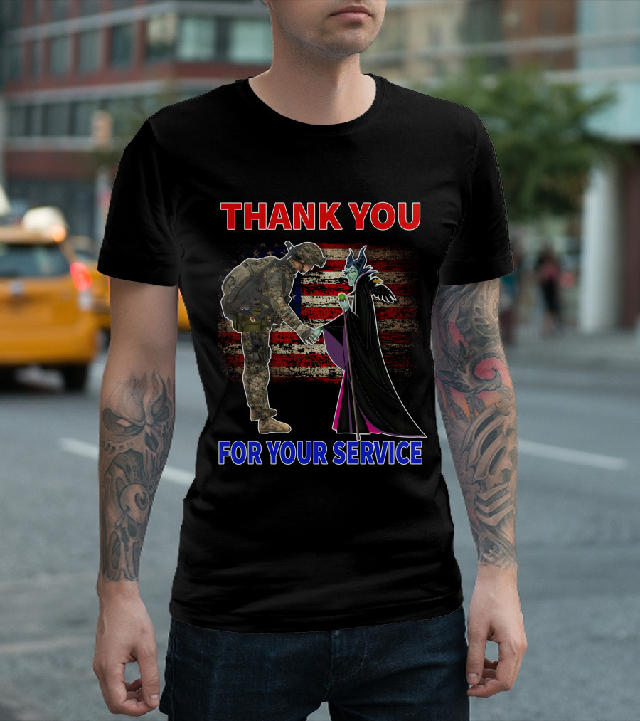 Maleficent Thank You For Your Service Soldier With American Flag Background T-Shirt