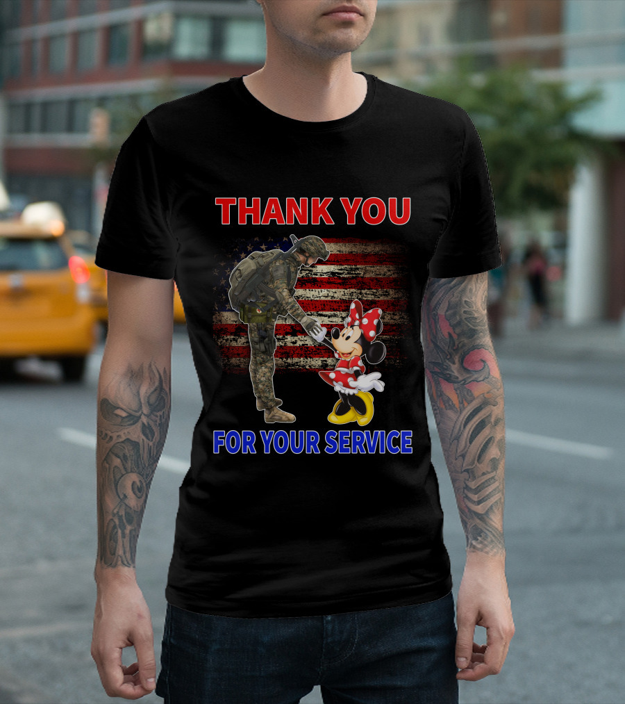 Thank You For Your Service Soldier And Minnie Mouse With American Flag Background T-Shirt