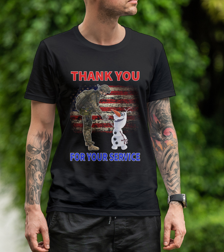 Thank You For Your Service Soldier With Olaf And American Flag T-Shirt