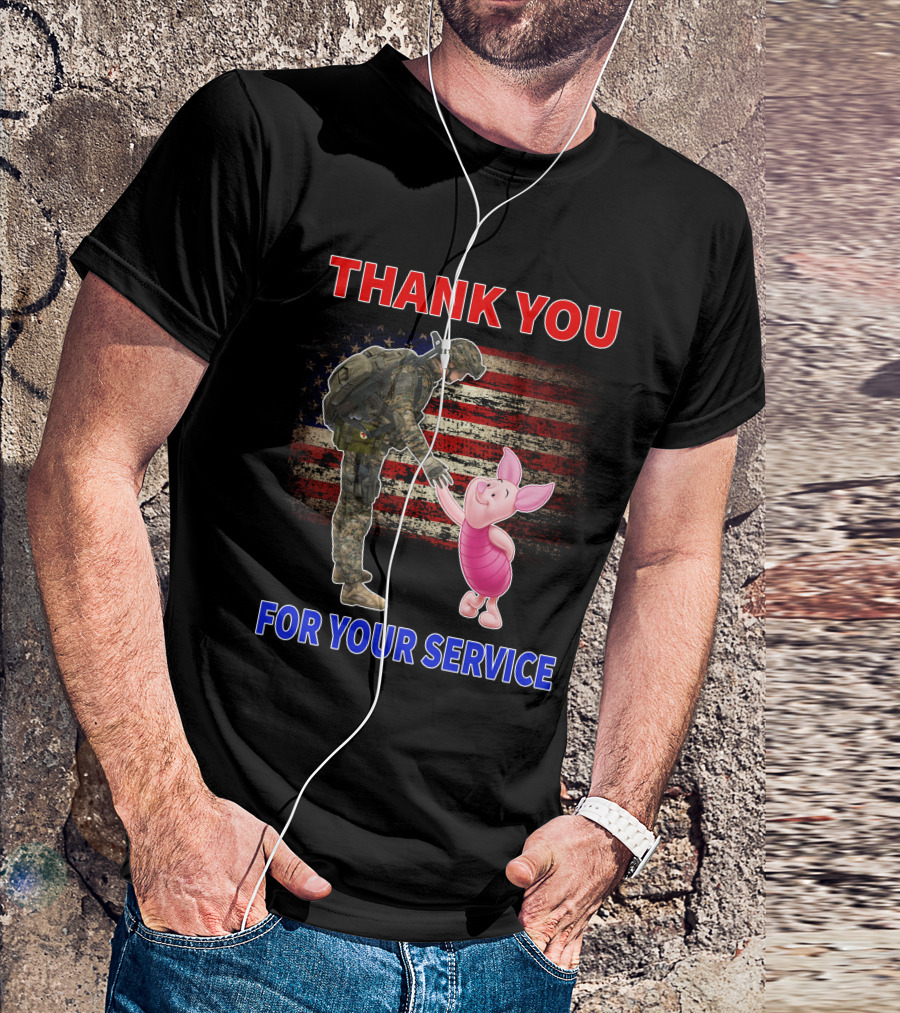 Thank You For Your Service Piglet Soldier American Flag T-Shirt