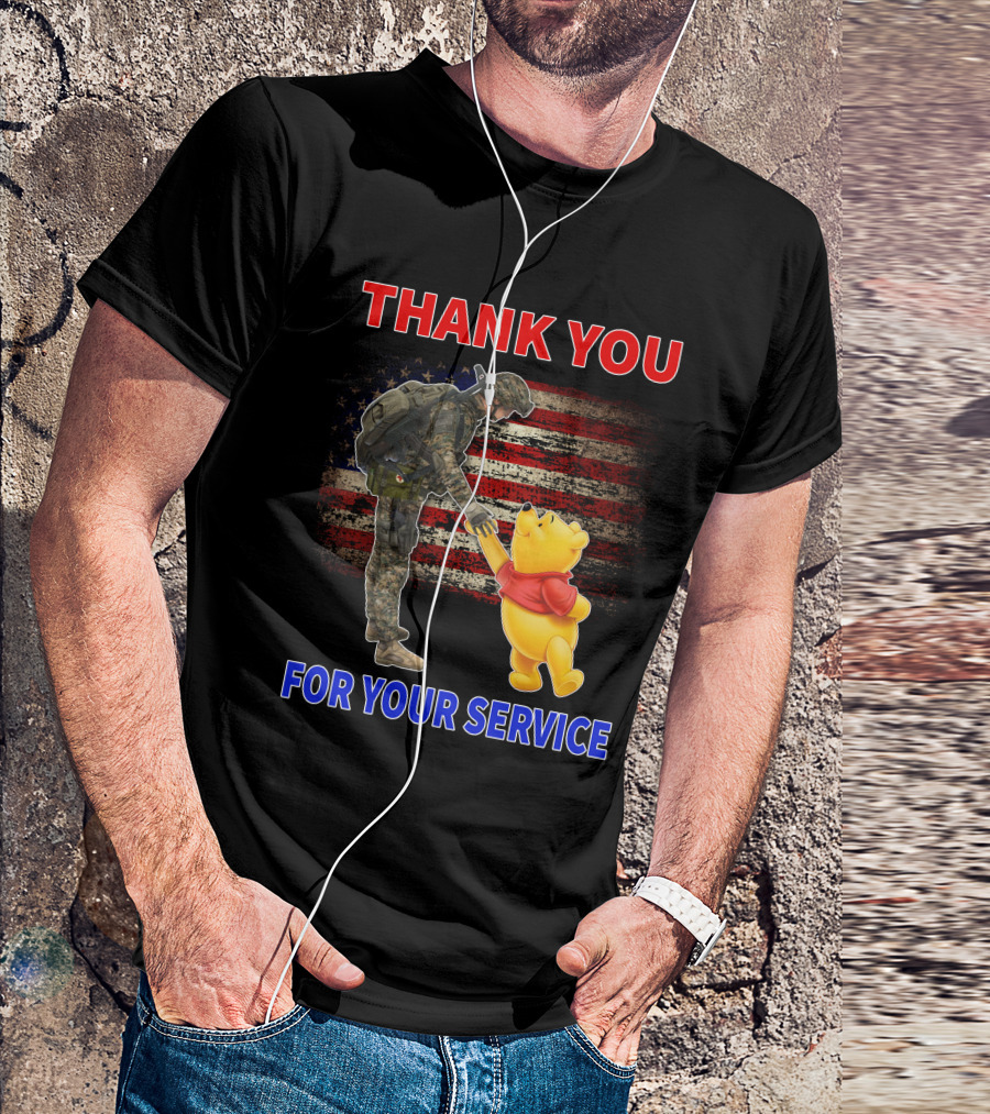 Thank You For Your Service Soldier And Pooh With American Flag Background T-Shirt