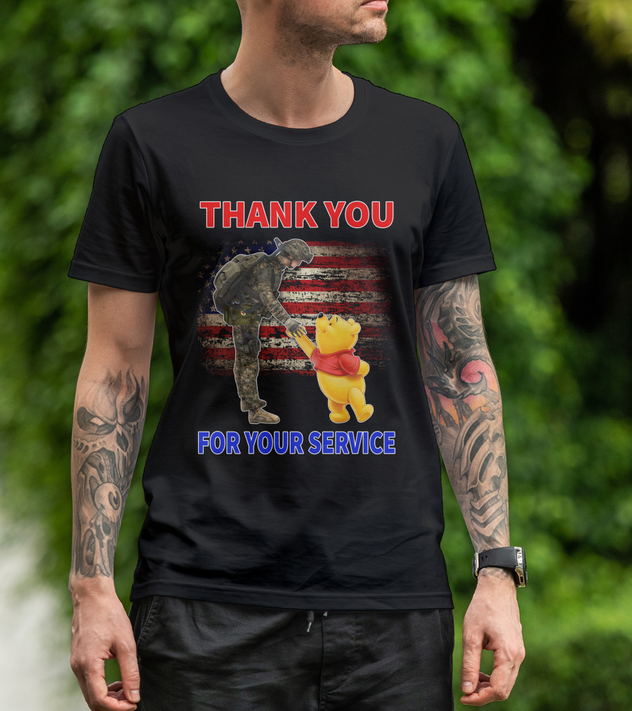 Thank You For Your Service Soldier And Pooh With American Flag Background T-Shirt