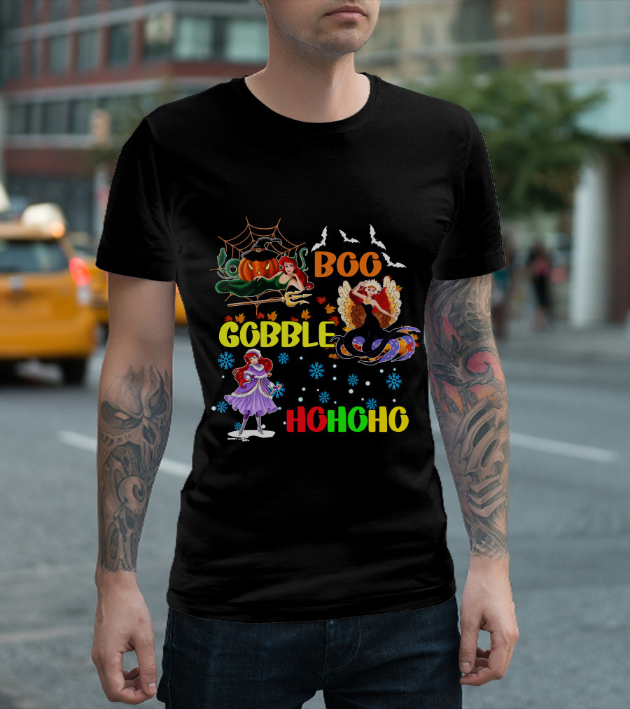 Boo Gobble HoHoHo Ariel HalloThanksMas T-Shirt