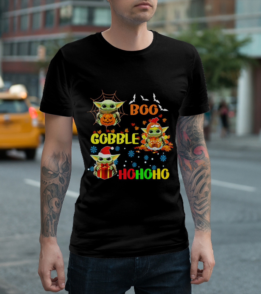 Baby Yoda Boo Gobble HoHoHo HalloThanksMas T-Shirt
