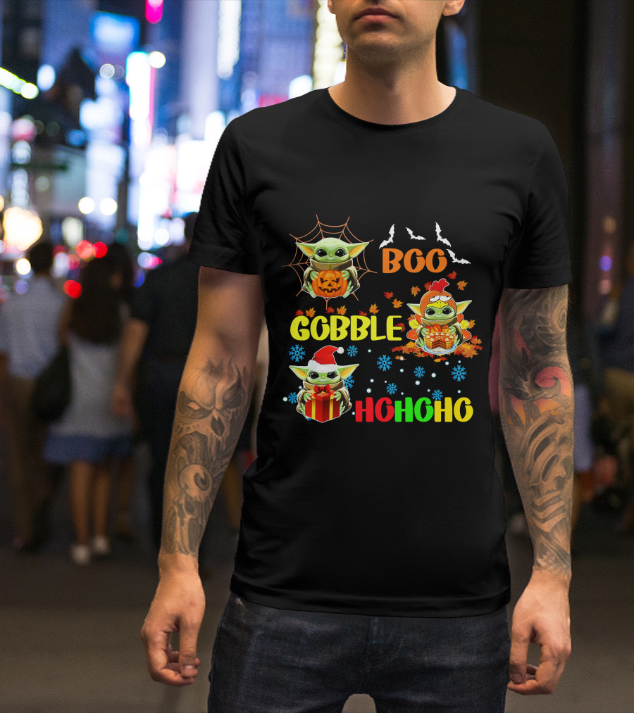 Baby Yoda Boo Gobble HoHoHo HalloThanksMas T-Shirt