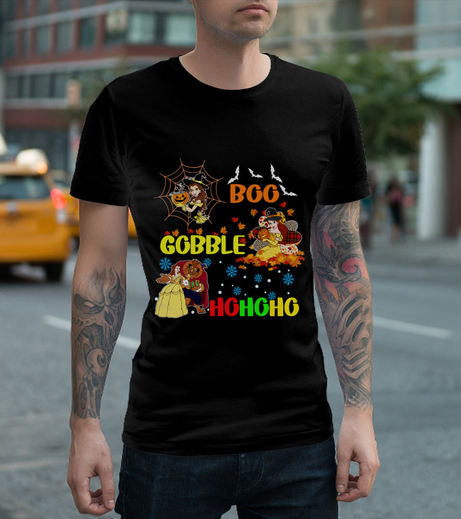 Boo Gobble Hohoho Belle HalloThanksMas T-Shirt